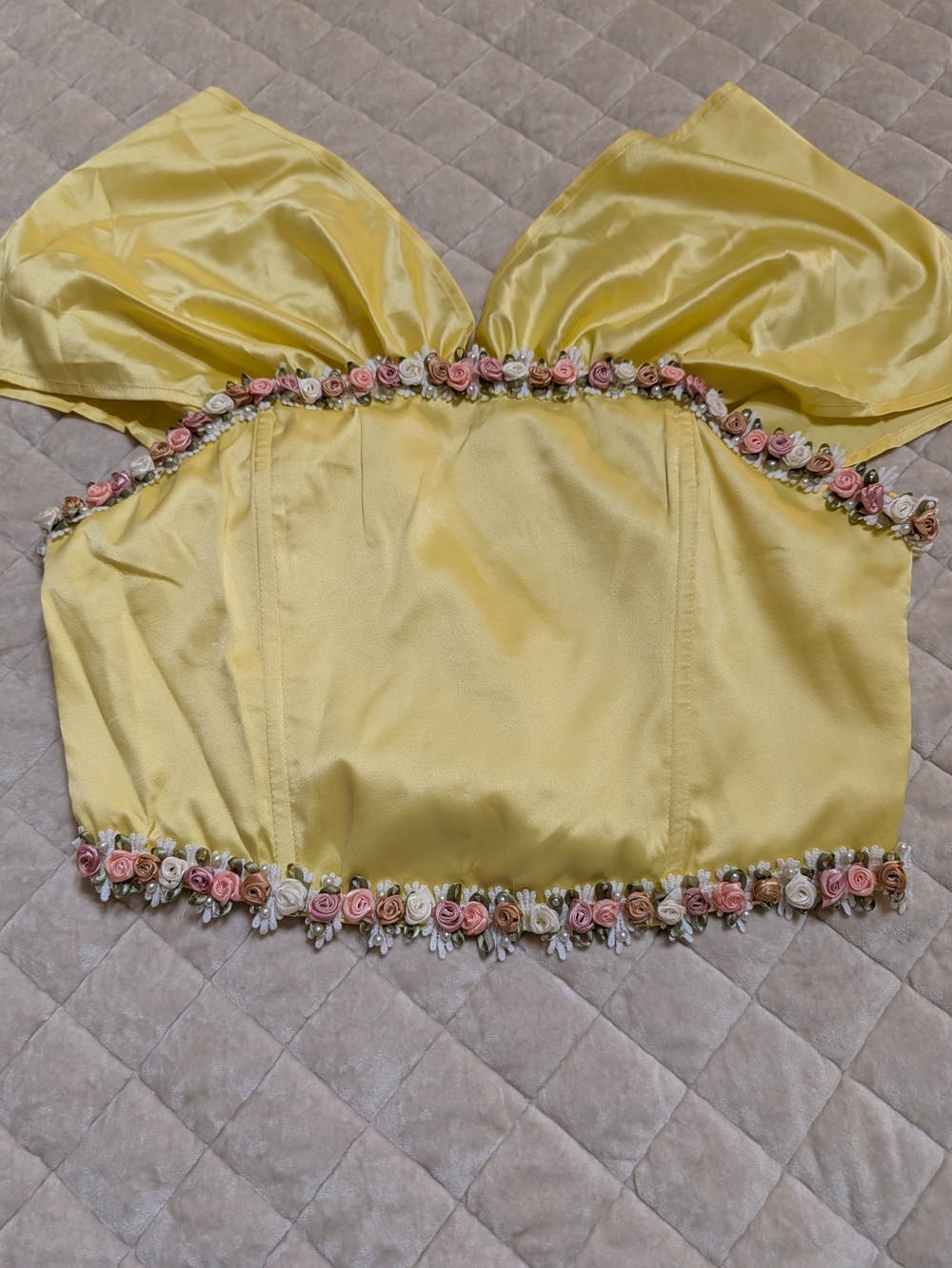 Finesse Yellow Satin Floral-Trim Bustier Crop Top